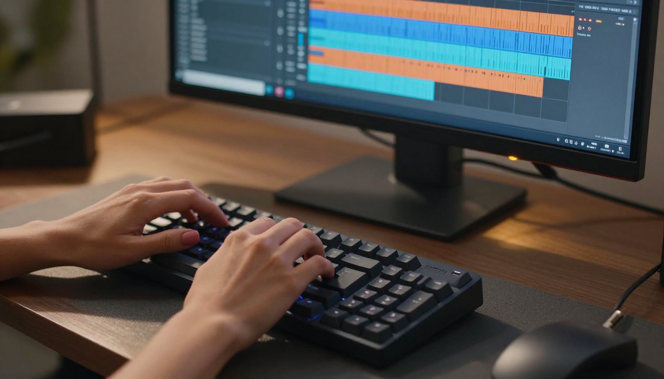 Female hands typing on a mechanical keyboard with professional audio software on a wide monitor Female hands typing on a mechanical keyboard with professional audio software on a wide monitor