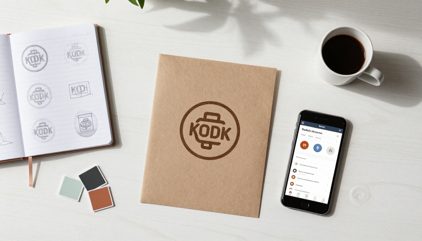 Aerial top-down view of a brand identity kit on a white oak desk, packaging, notebook with sketches, color chips, and a phone Aerial top-down view of a brand identity kit on a white oak desk, packaging, notebook with sketches, color chips, and a phone