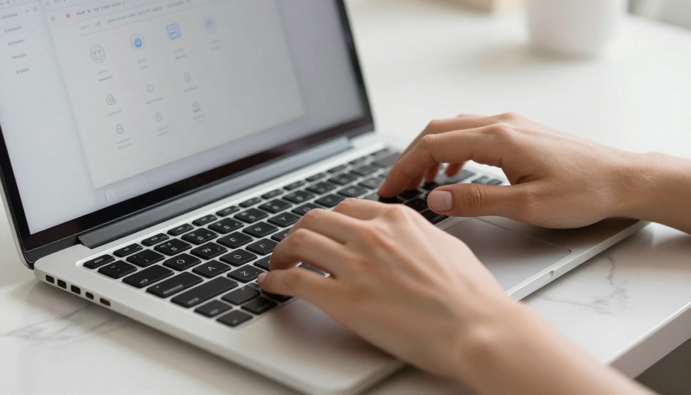 A person typing at a laptop with an AI tool dashboard on screen