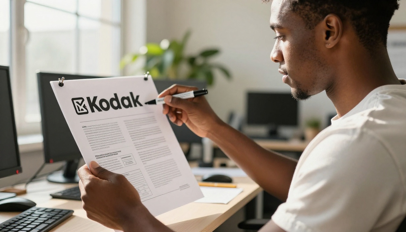 Close-up portrait of a focused man reviewing printed logo mockups on a foam board in a sunlit modern office Close-up portrait of a focused man reviewing printed logo mockups on a foam board in a sunlit modern office