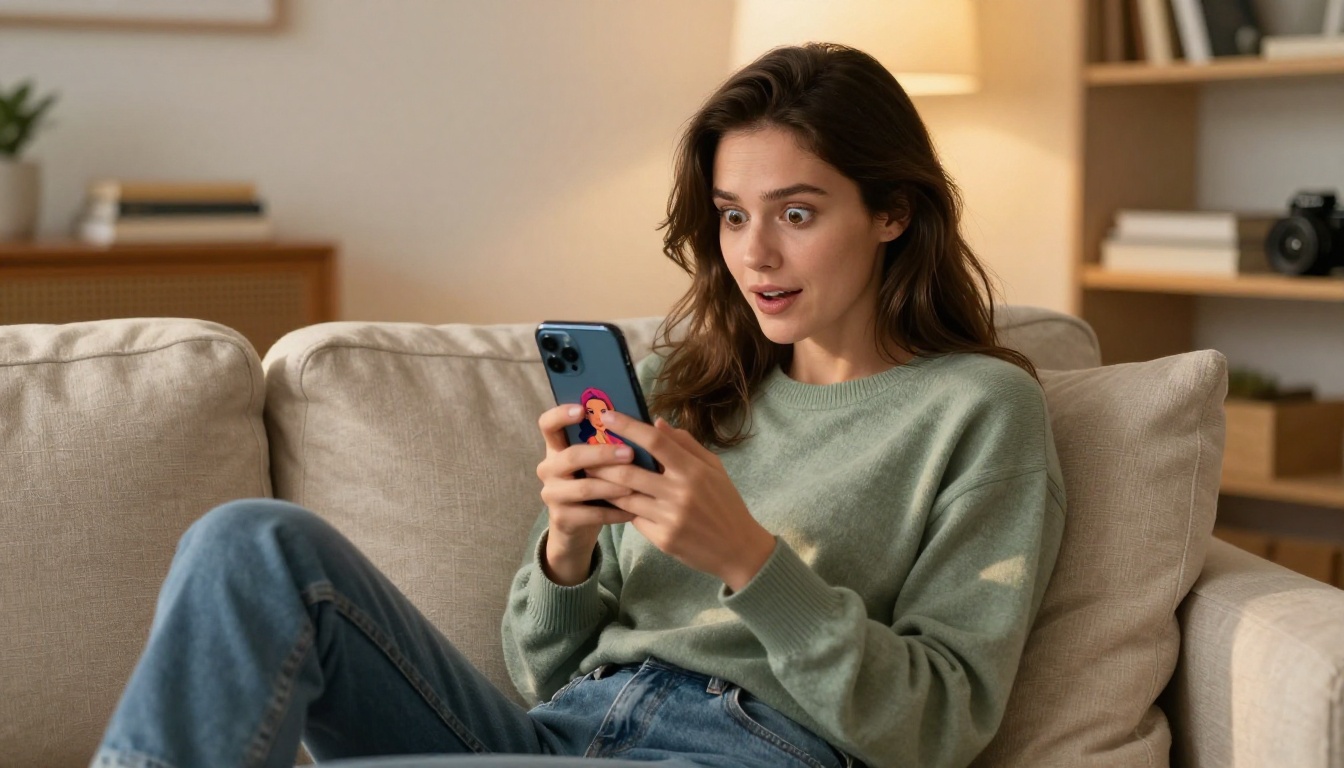 A woman on a sofa looking at AI-generated artwork on her smartphone with delight