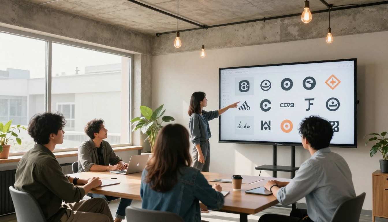 Creative agency team of three people gathered around a large monitor showing logo variations in a bright open studio Creative agency team of three people gathered around a large monitor showing logo variations in a bright open studio