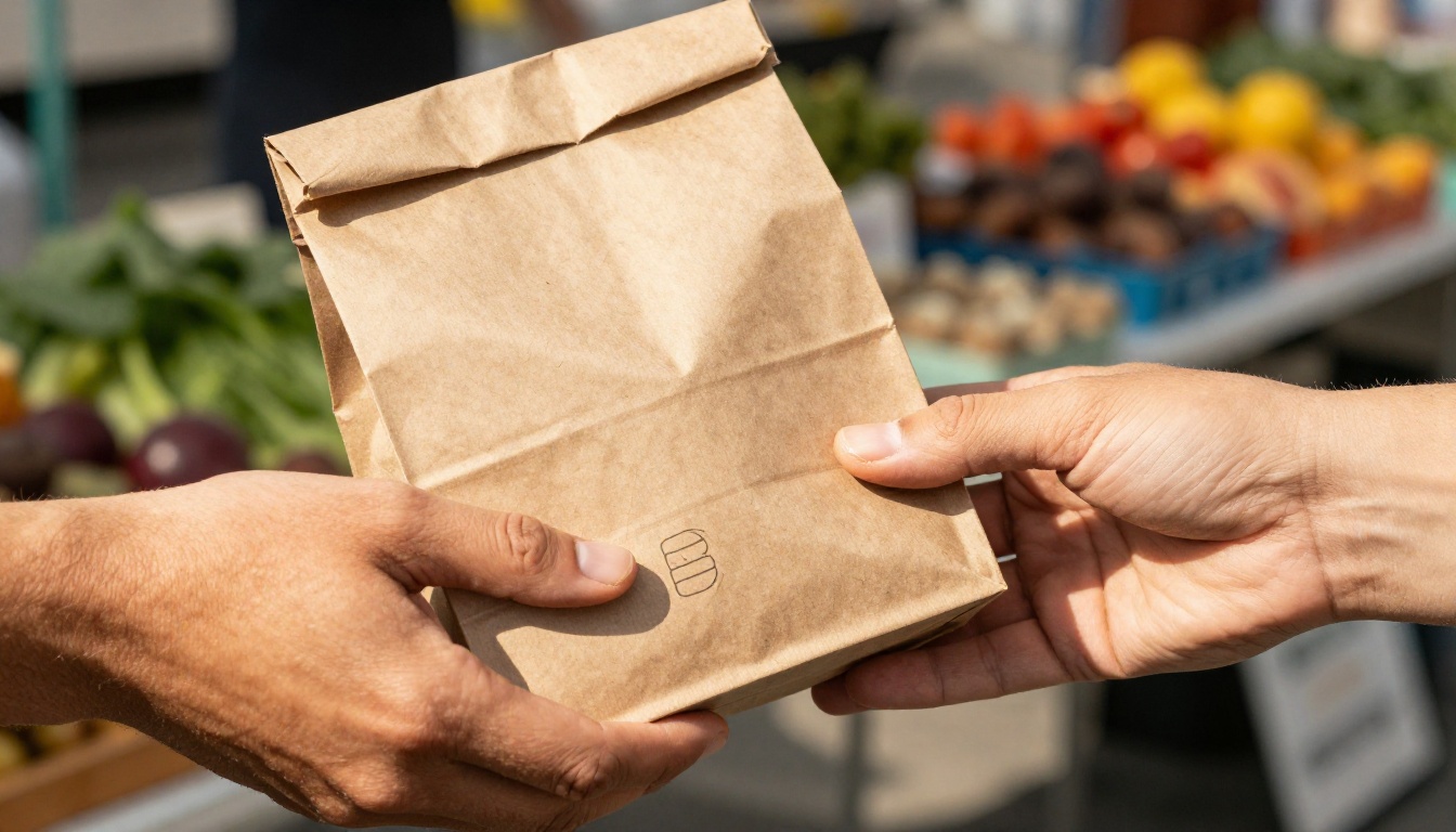 Two hands exchanging a branded kraft paper bag with a minimal stamped logo at a sunny outdoor market Two hands exchanging a branded kraft paper bag with a minimal stamped logo at a sunny outdoor market