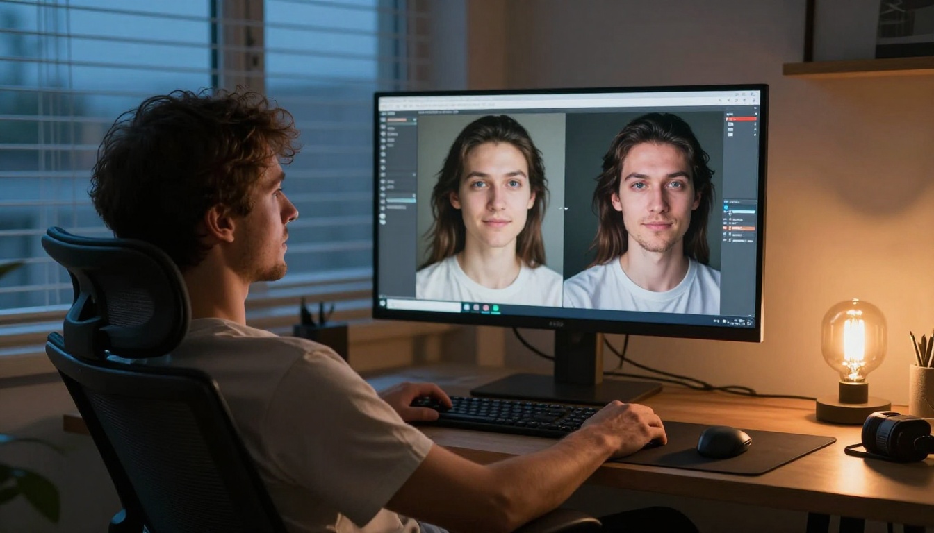 A man at a widescreen monitor reviewing AI-upscaled photograph comparisons in a co-working space