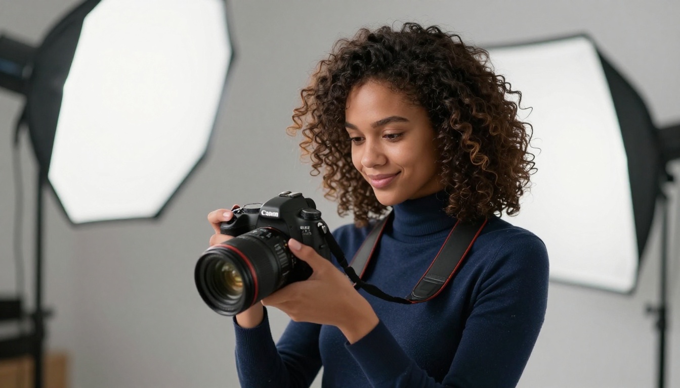 A woman with curly hair in a photography studio reviewing images on a DSLR camera screen