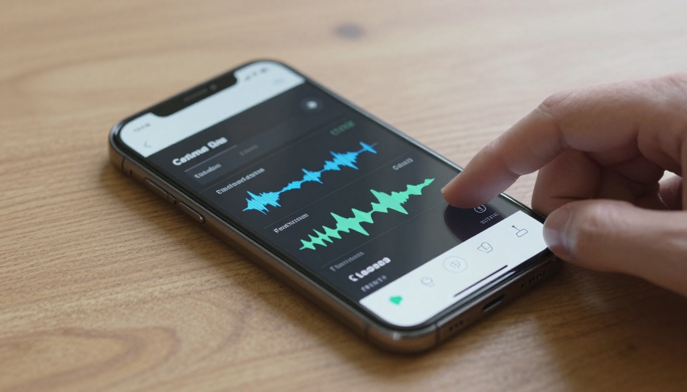 Close-up of a smartphone displaying an AI music generation app interface with waveform visualizations
