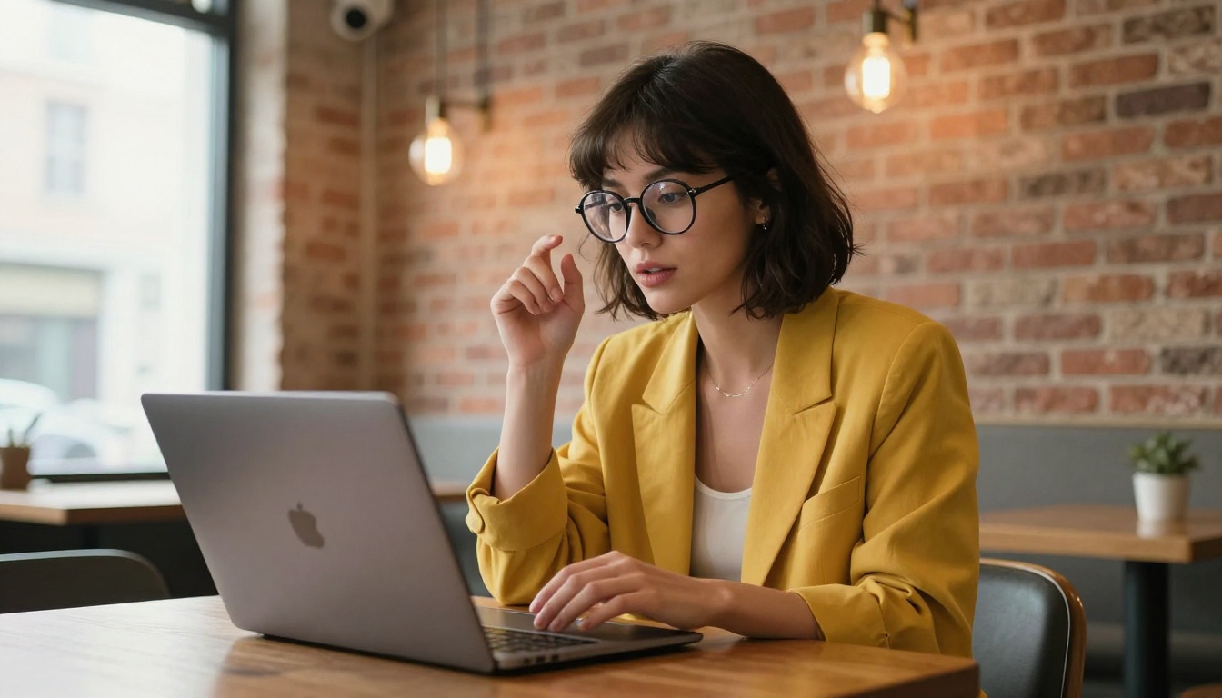 A creative woman with round glasses at a cafe table working on a MacBook