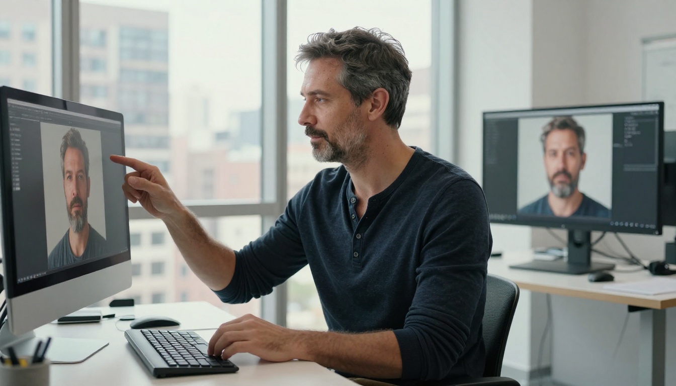 A man at a co-working space examining AI-generated photo details on a large monitor