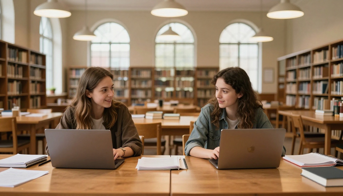Two women collaborating at a library table with open laptops, discussing what's on screen