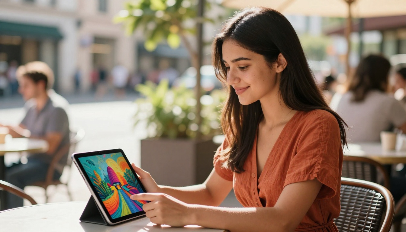 A woman at an outdoor cafe table looking at vibrant AI-generated artwork on a tablet, smiling