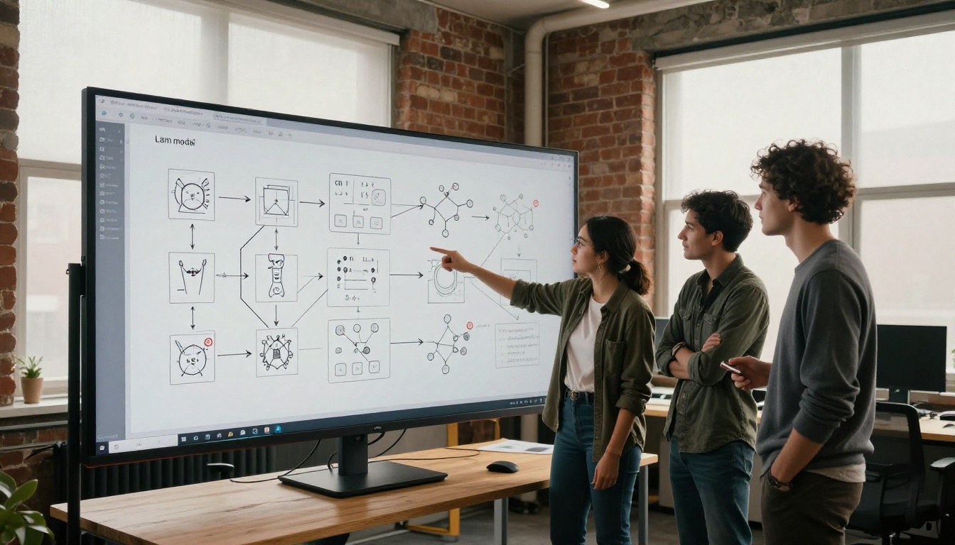 Diverse team of software engineers collaborating around a monitor showing AI model architecture diagrams