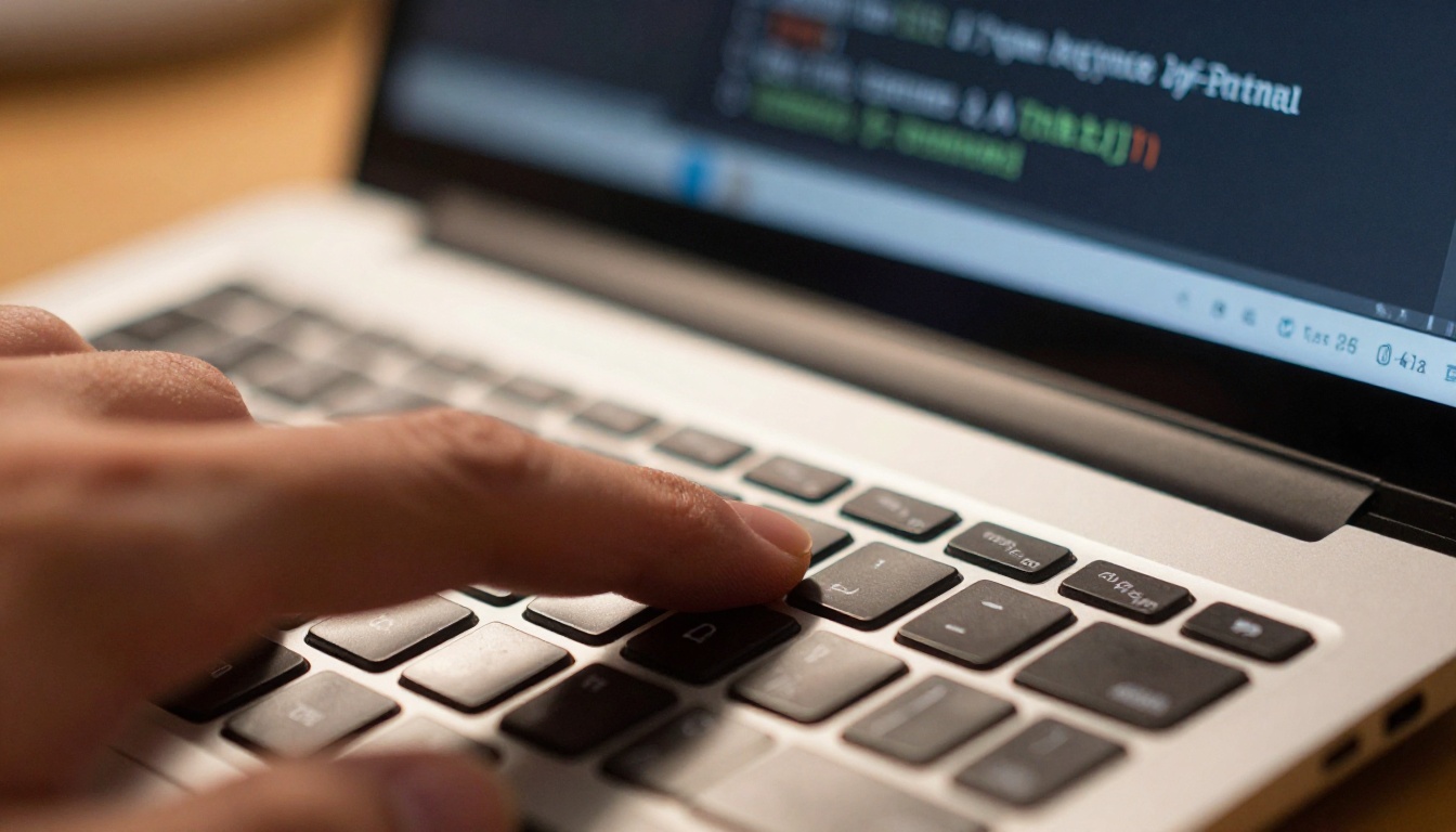 Close-up macro photograph of a laptop keyboard with Python code visible on screen