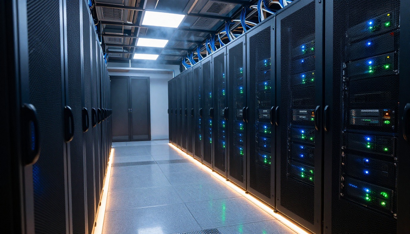 Wide-angle photograph of a modern data center server room with rows of server racks and LED indicator lights