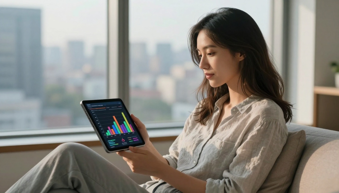 Young woman AI researcher reviewing data visualization charts on a tablet near floor-to-ceiling windows