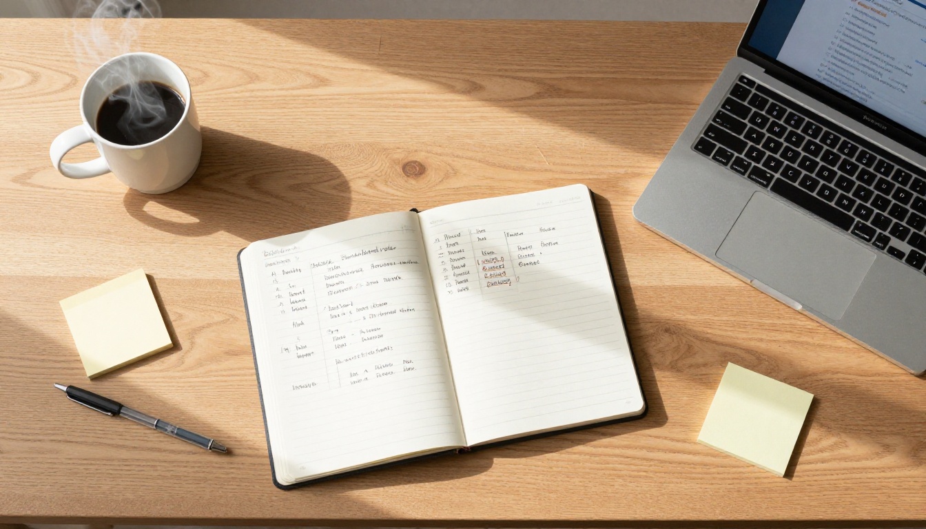 Aerial overhead flat-lay of a wooden desk with a notebook, laptop showing GitHub, coffee cup, and pencils