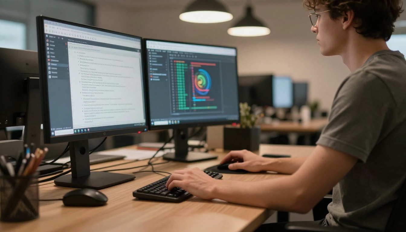 Low-angle shot of a standing developer at a sit-stand desk with a terminal showing AI model inference output Low-angle shot of a standing developer at a sit-stand desk with a terminal showing AI model inference output
