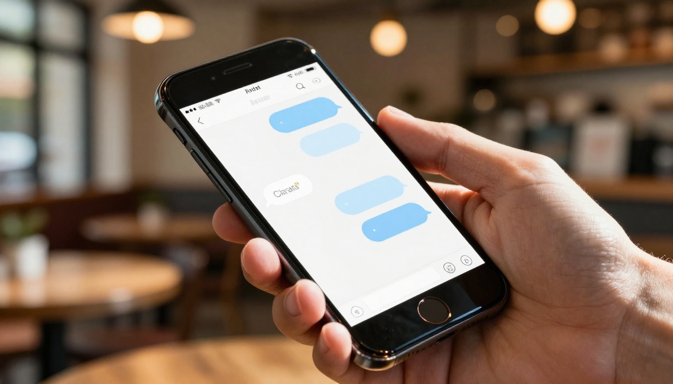 Close-up of a smartphone showing a clean AI chat interface, held by a hand in a warm cafe setting Close-up of a smartphone showing a clean AI chat interface, held by a hand in a warm cafe setting