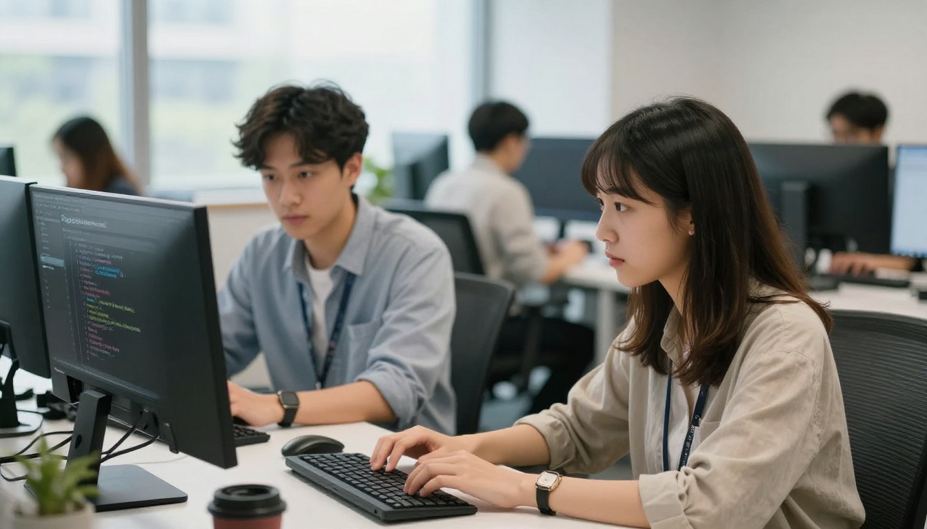 Two programmers doing pair coding at a shared desk, both focused on a monitor showing DeepSeek model code Two programmers doing pair coding at a shared desk, both focused on a monitor showing DeepSeek model code