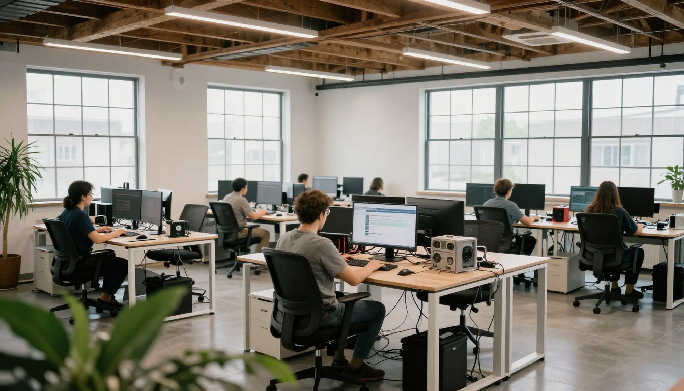 Wide interior shot of a bright modern tech startup office with standing desks, multiple monitors, and natural light Wide interior shot of a bright modern tech startup office with standing desks, multiple monitors, and natural light