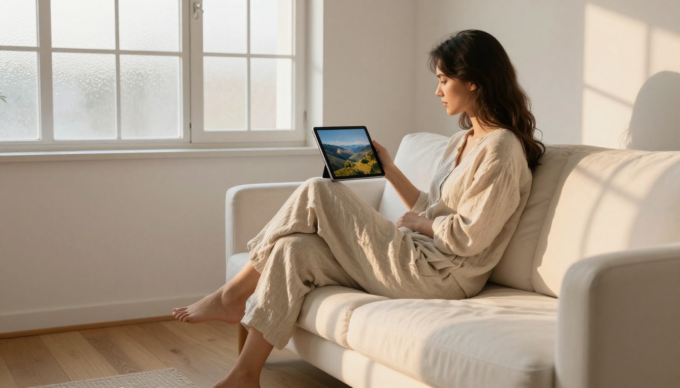 Young woman reviewing ultra-sharp photos on tablet in sunlit Scandinavian living room Young woman reviewing ultra-sharp photos on tablet in sunlit Scandinavian living room