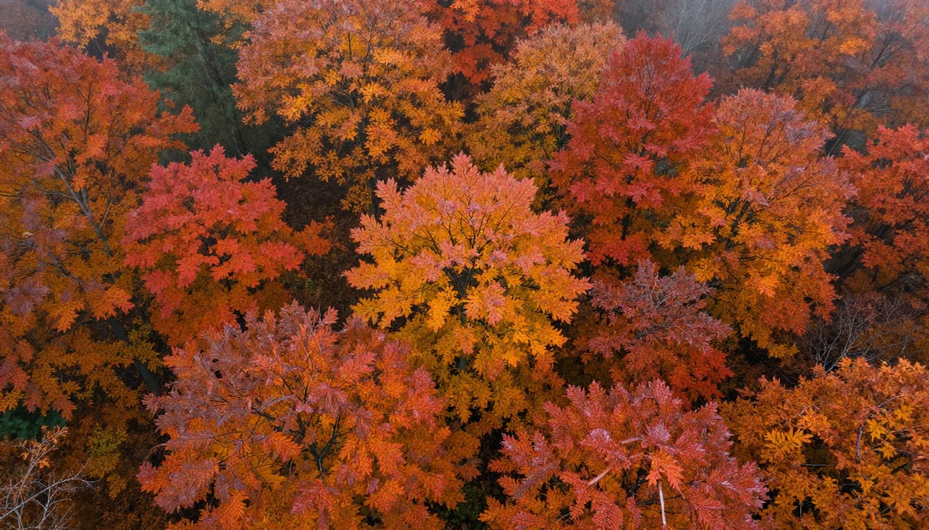 Aerial view of autumn forest canopy with extraordinary 4K photorealistic leaf detail Aerial view of autumn forest canopy with extraordinary 4K photorealistic leaf detail
