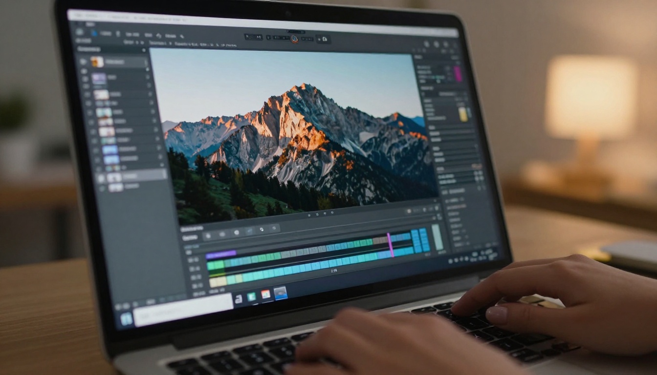Laptop screen showing photo editing interface with mountain landscape at sharp 4K detail