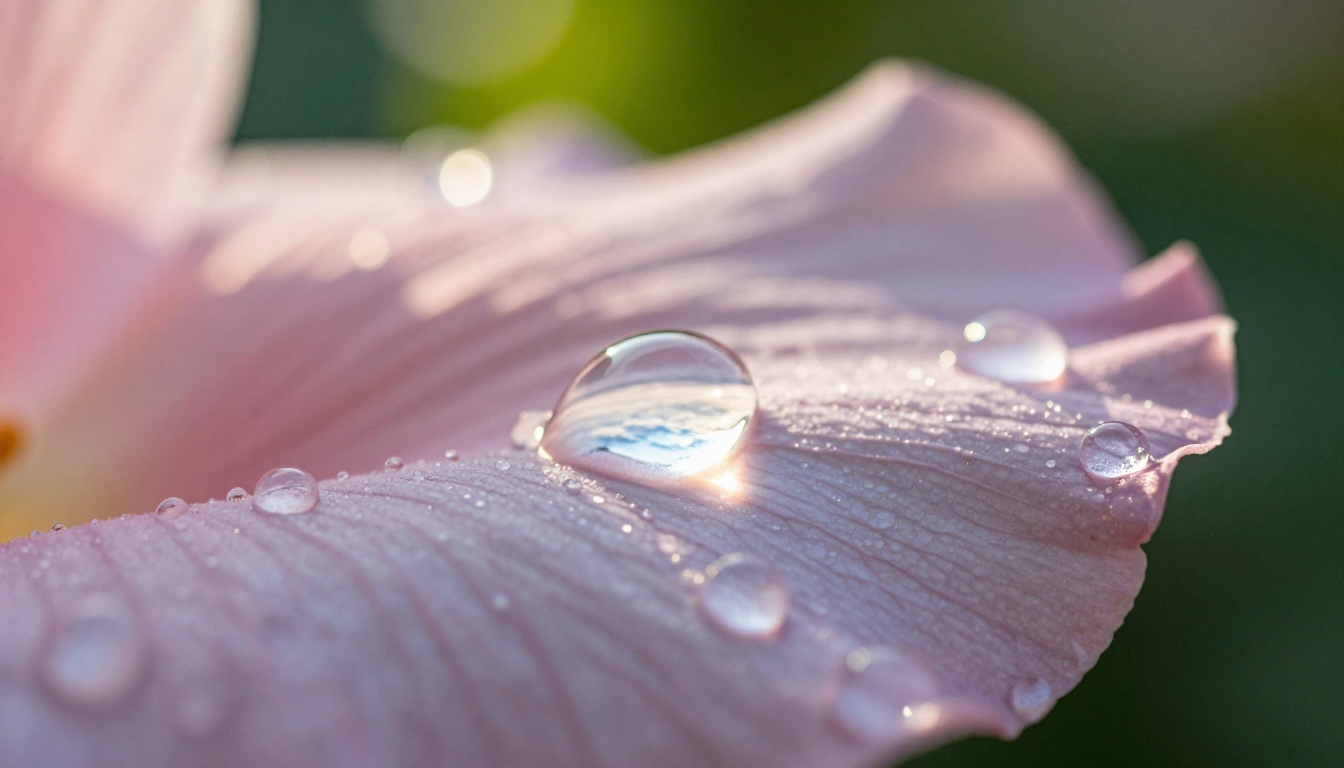 Extreme macro close-up of flower petal showing extraordinary 4K photorealistic cell texture and dewdrops