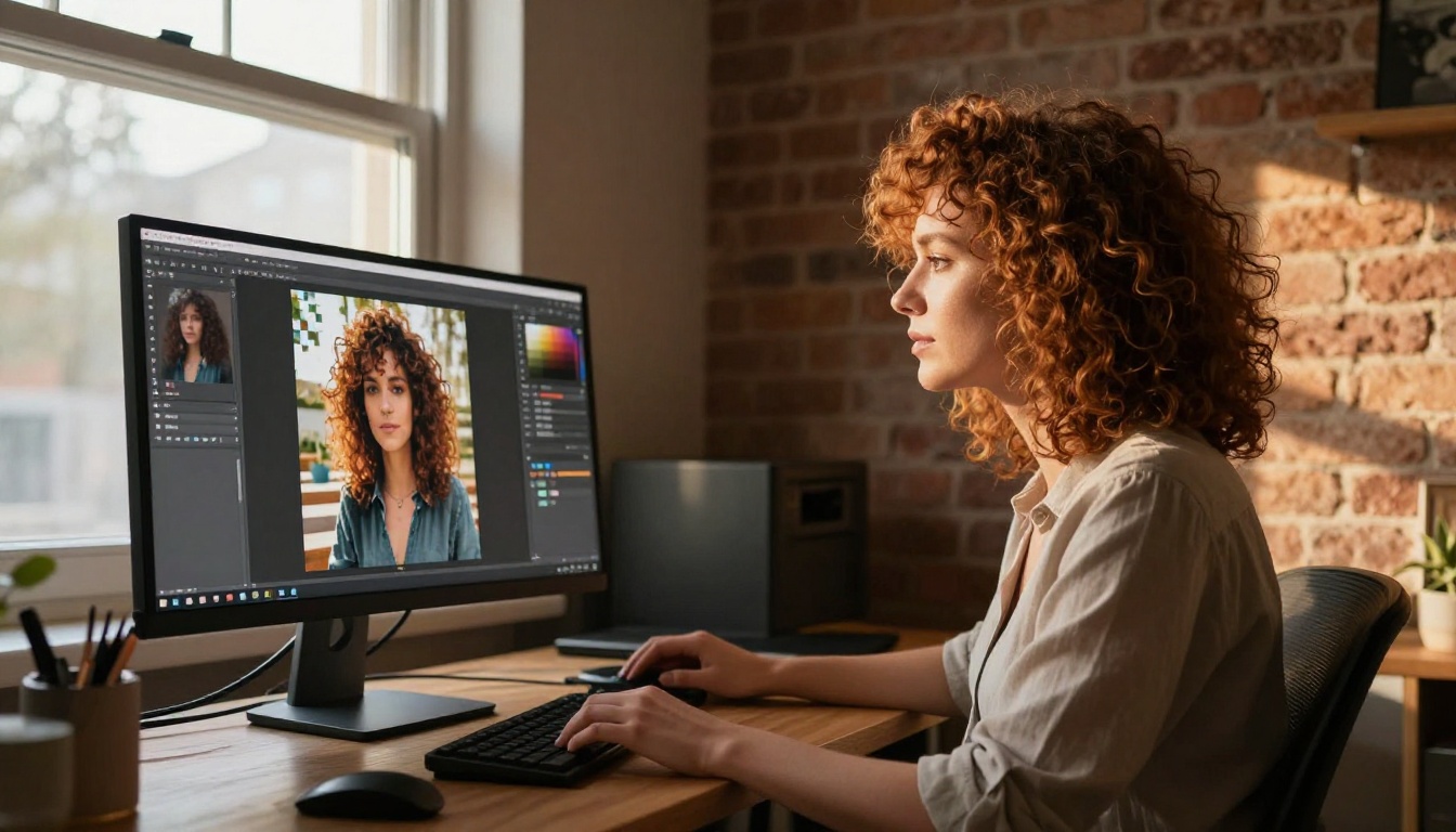 Professional woman at dual monitor comparing blurry original to sharp 4K upscaled output