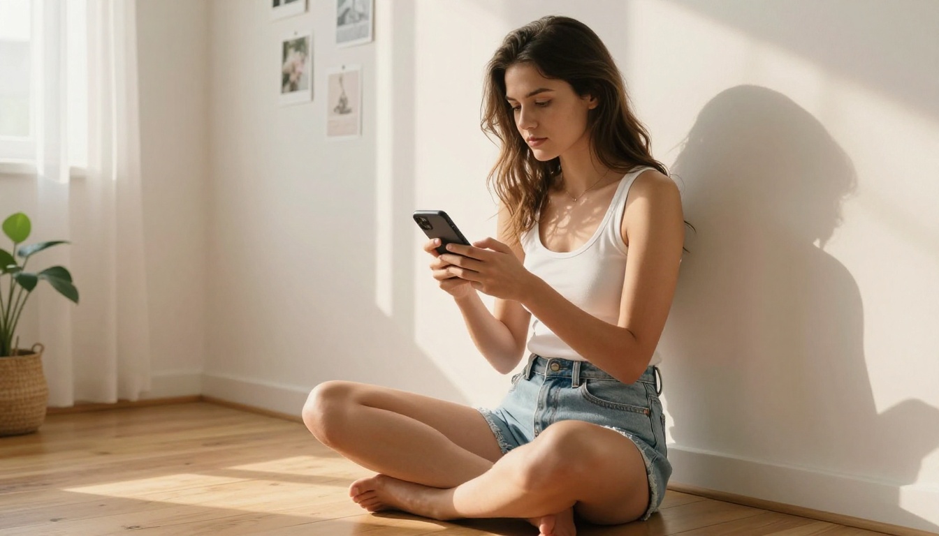 Young woman using her smartphone to experiment with AI prompt generators