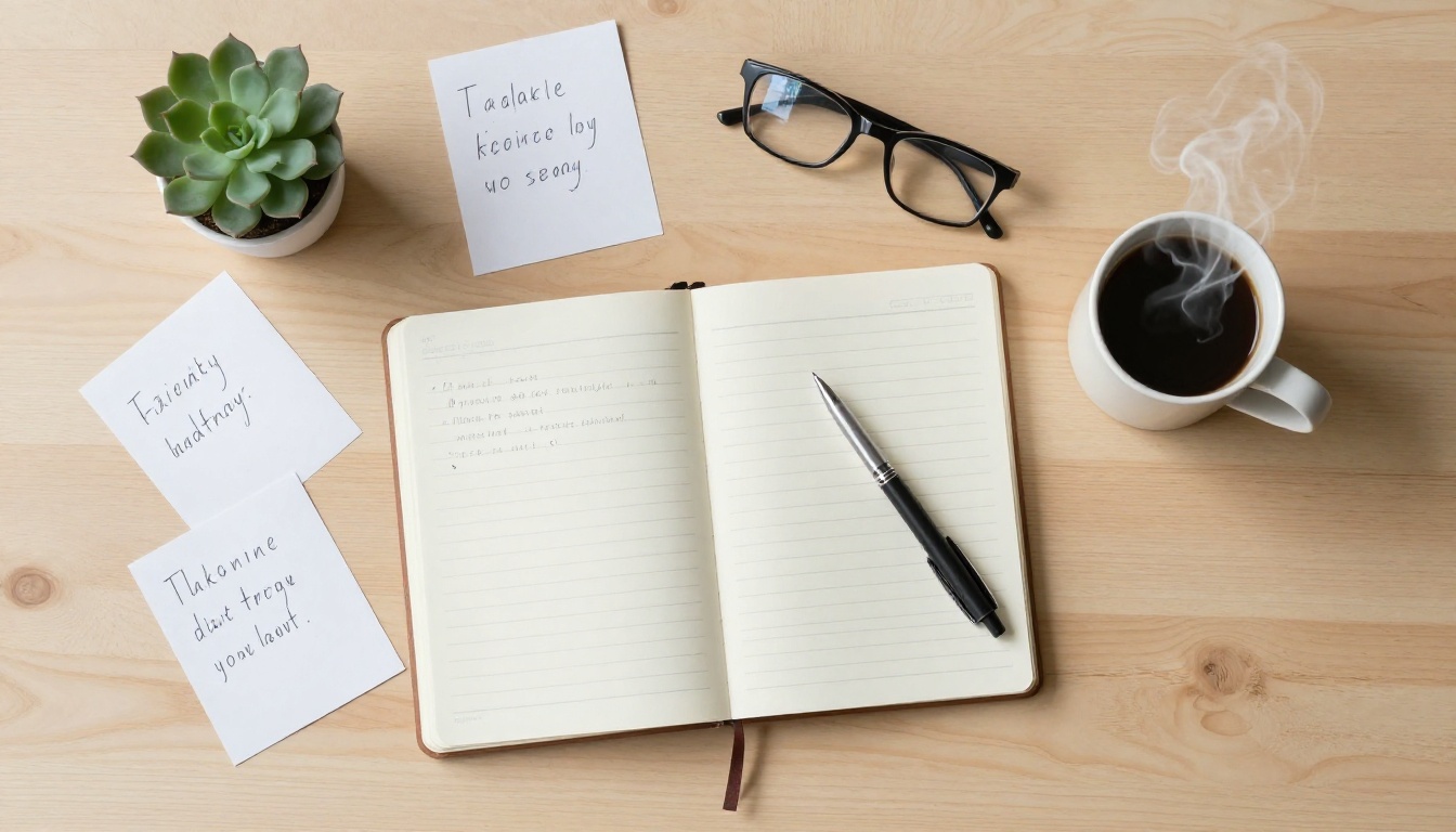 Creative workspace flat lay with notebook, coffee, and prompt notes