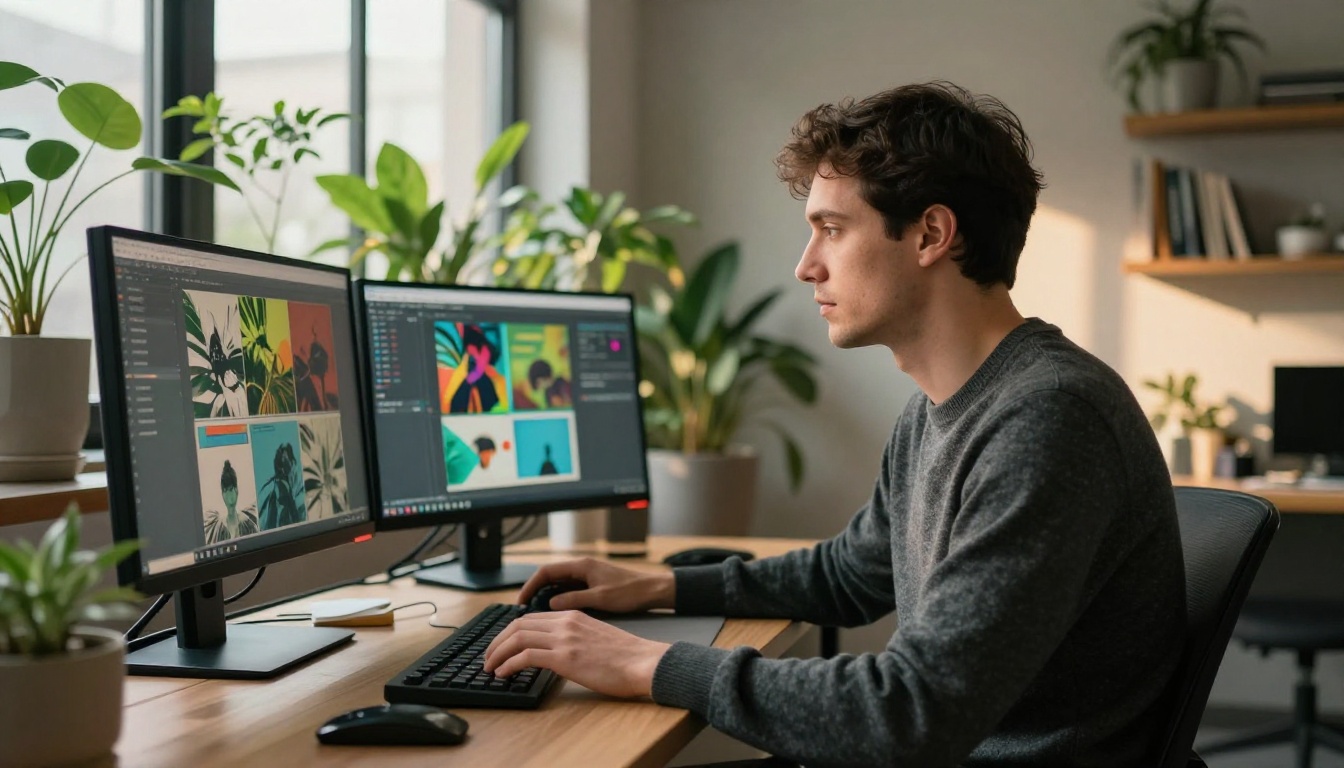 Creative professional at a dual-monitor setup evaluating AI-generated image results