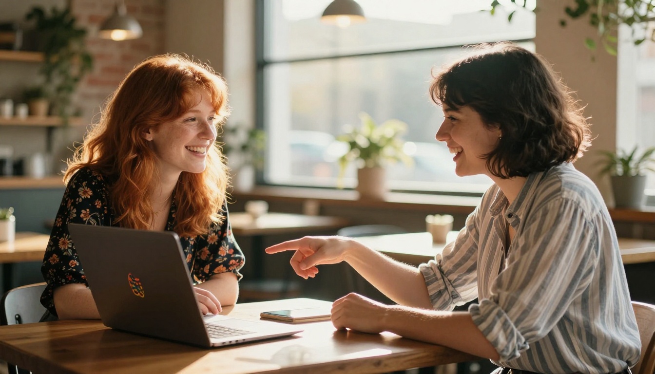 Two friends sharing AI-generated artwork at a café, genuine candid laughter