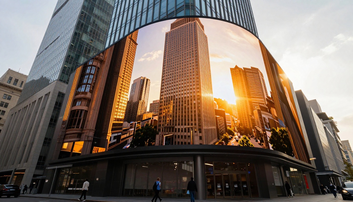A city billboard displaying a photorealistic AI portrait, low angle dramatic urban view