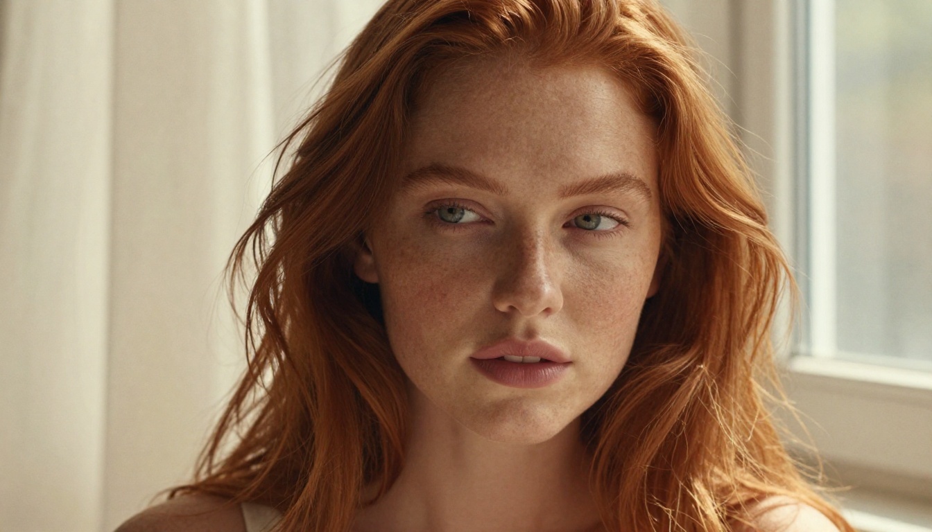 Editorial beauty portrait of a copper-haired woman, natural window light, photorealistic