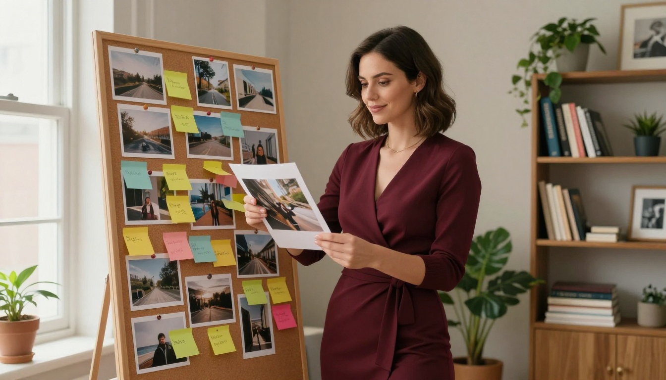 Woman reviewing AI-generated images on a creative pinboard in her studio
