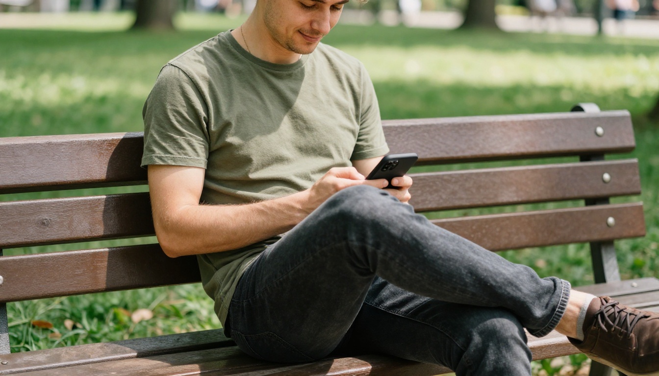 Man at park bench looking at phone