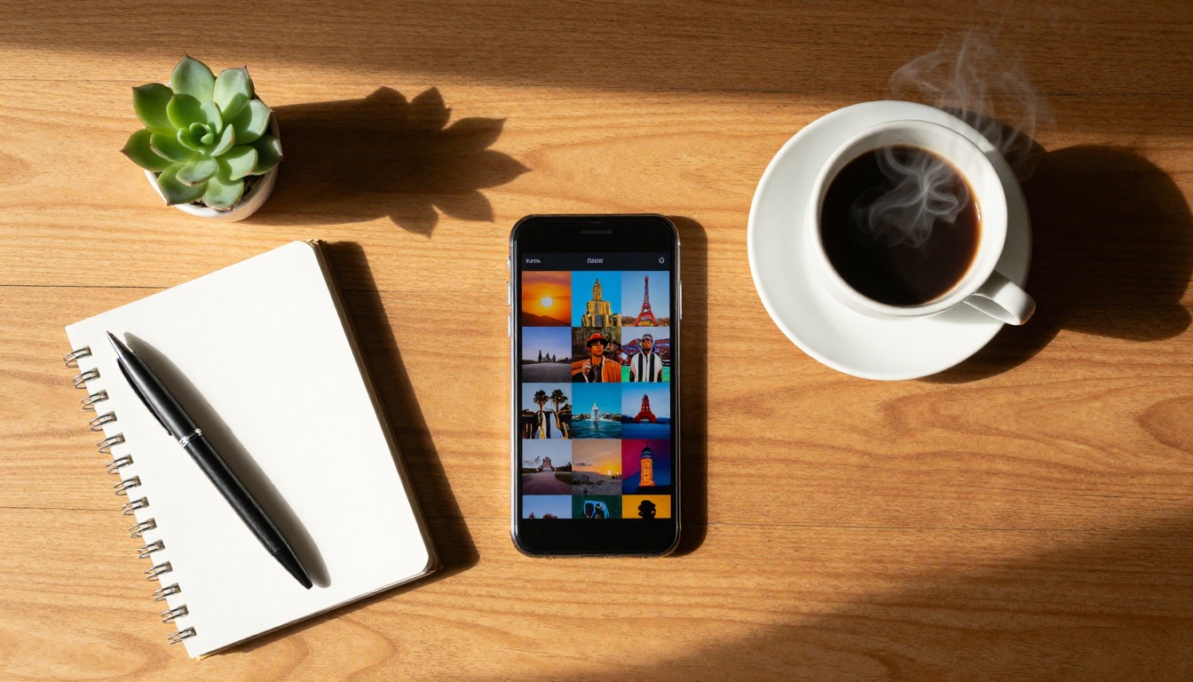 Overhead desk flat-lay with phone and coffee