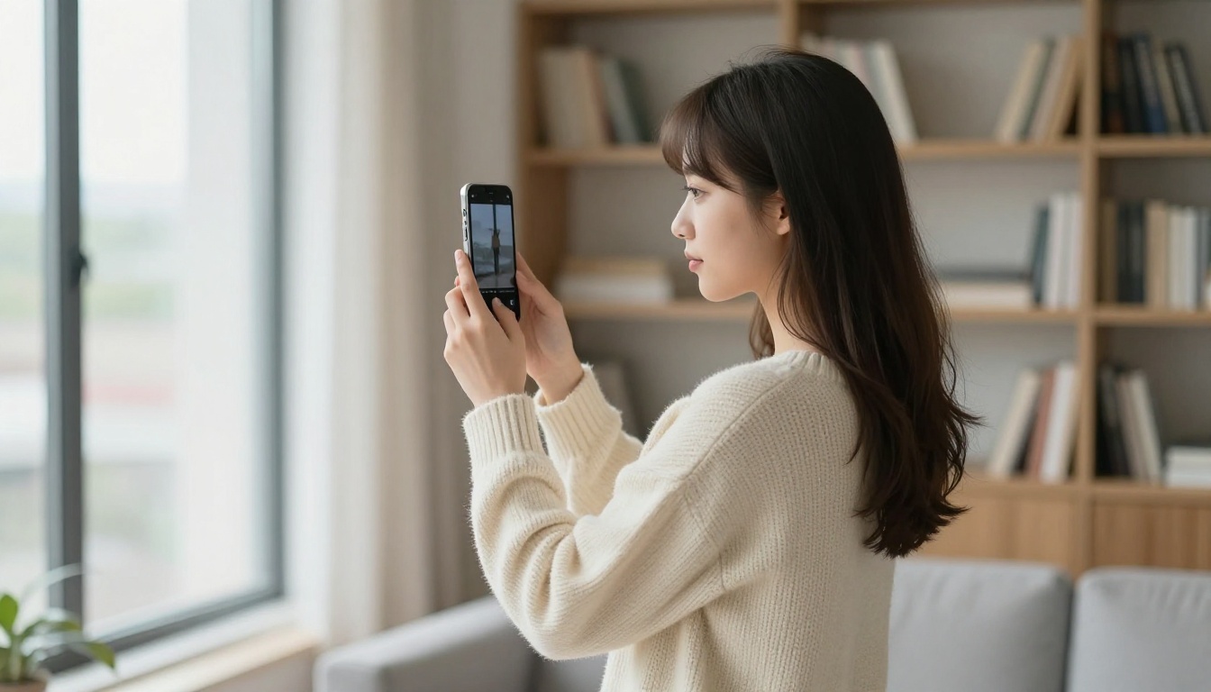 Woman near window taking AI-assisted photo