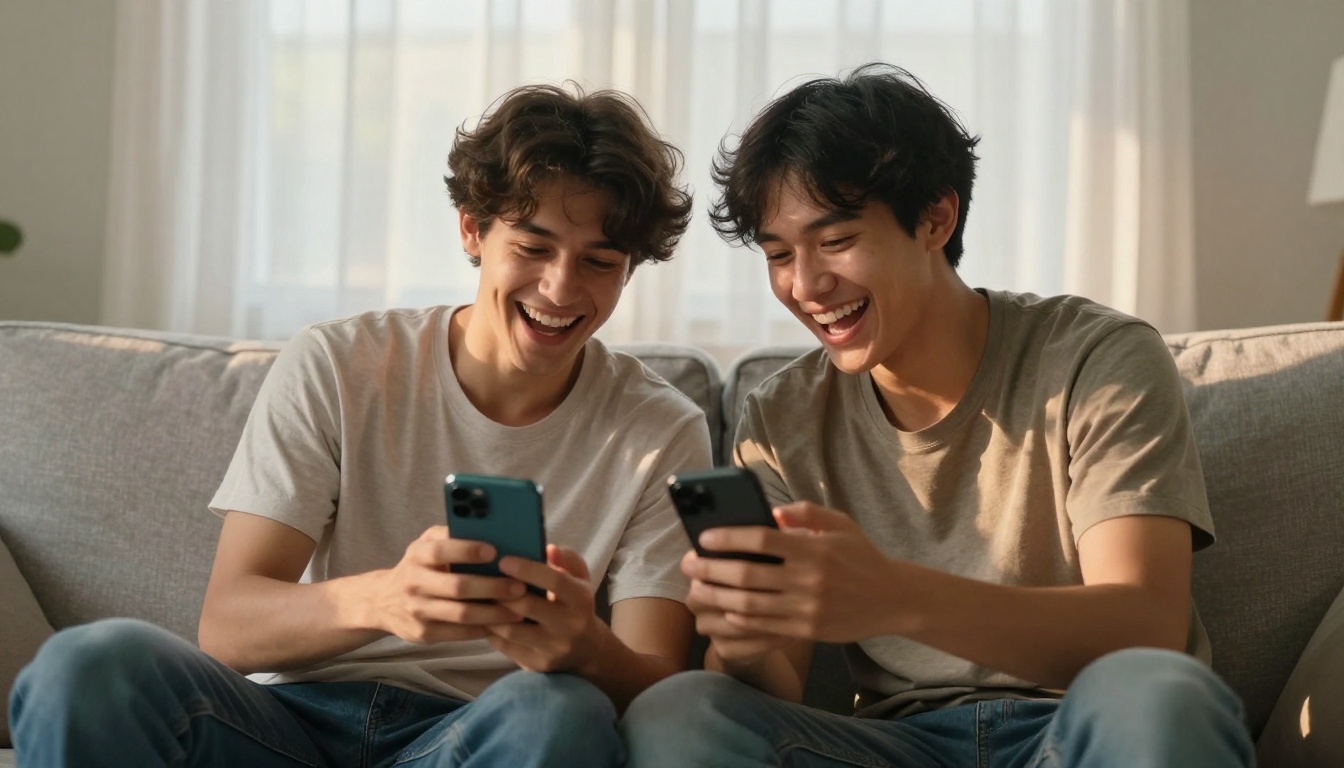Two friends sharing phone screen laughing