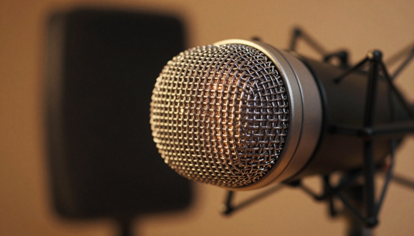 Professional condenser microphone close-up in warm studio light