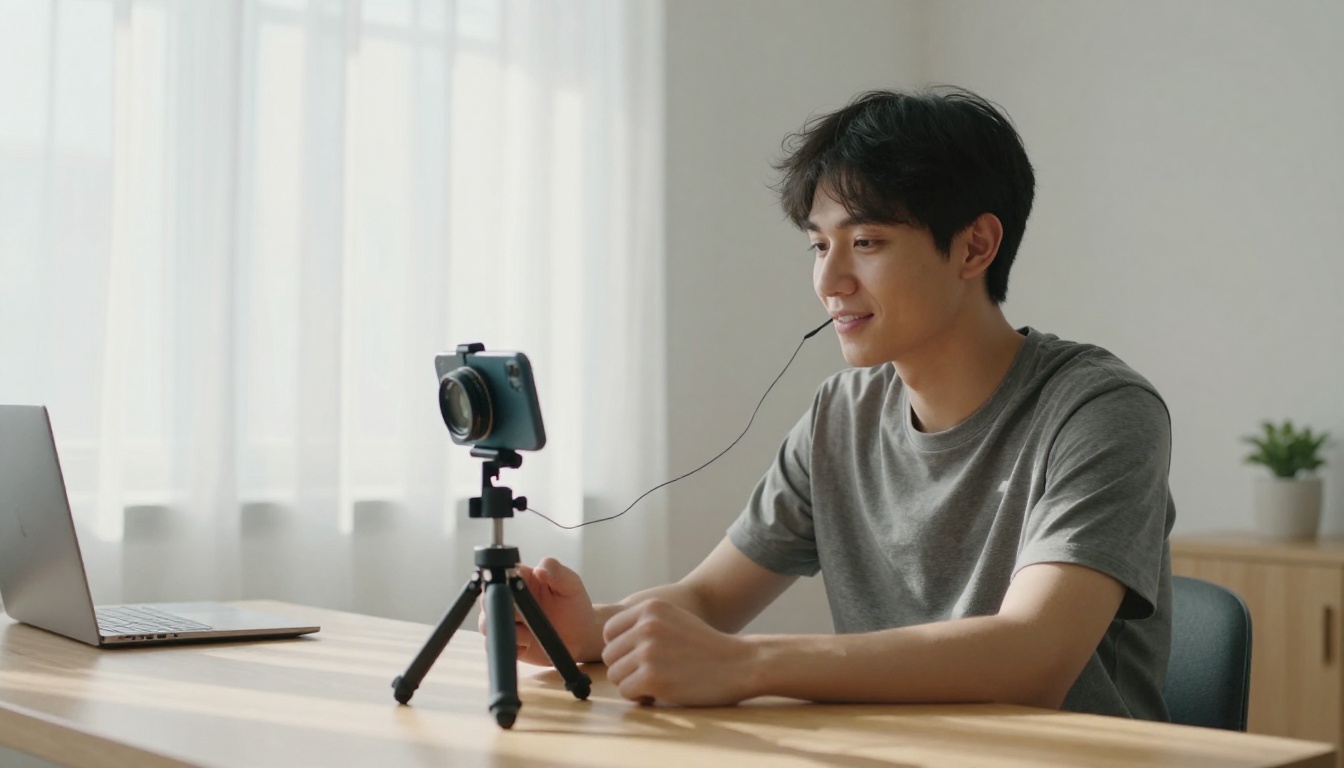 Young man recording audio with smartphone at minimalist desk