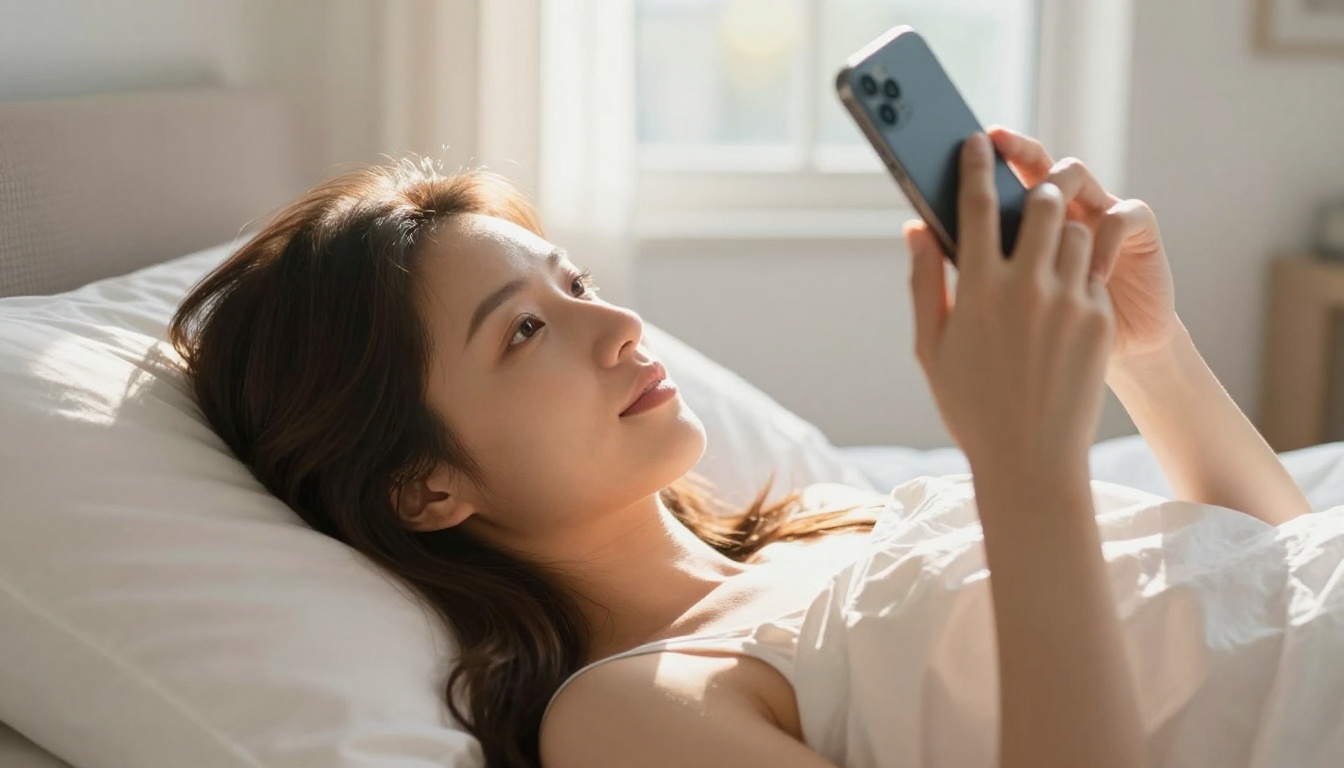 Woman lying down with phone in morning light Woman lying down with phone in morning light