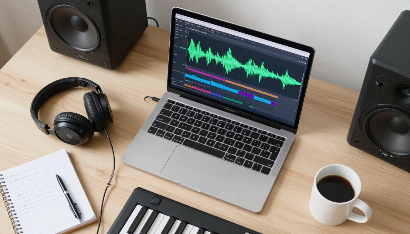 Aerial view of modern audio production workspace