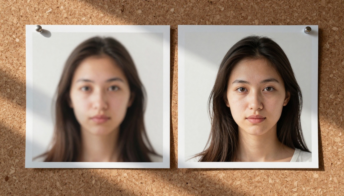 Before and after comparison of AI upscaling on cork board