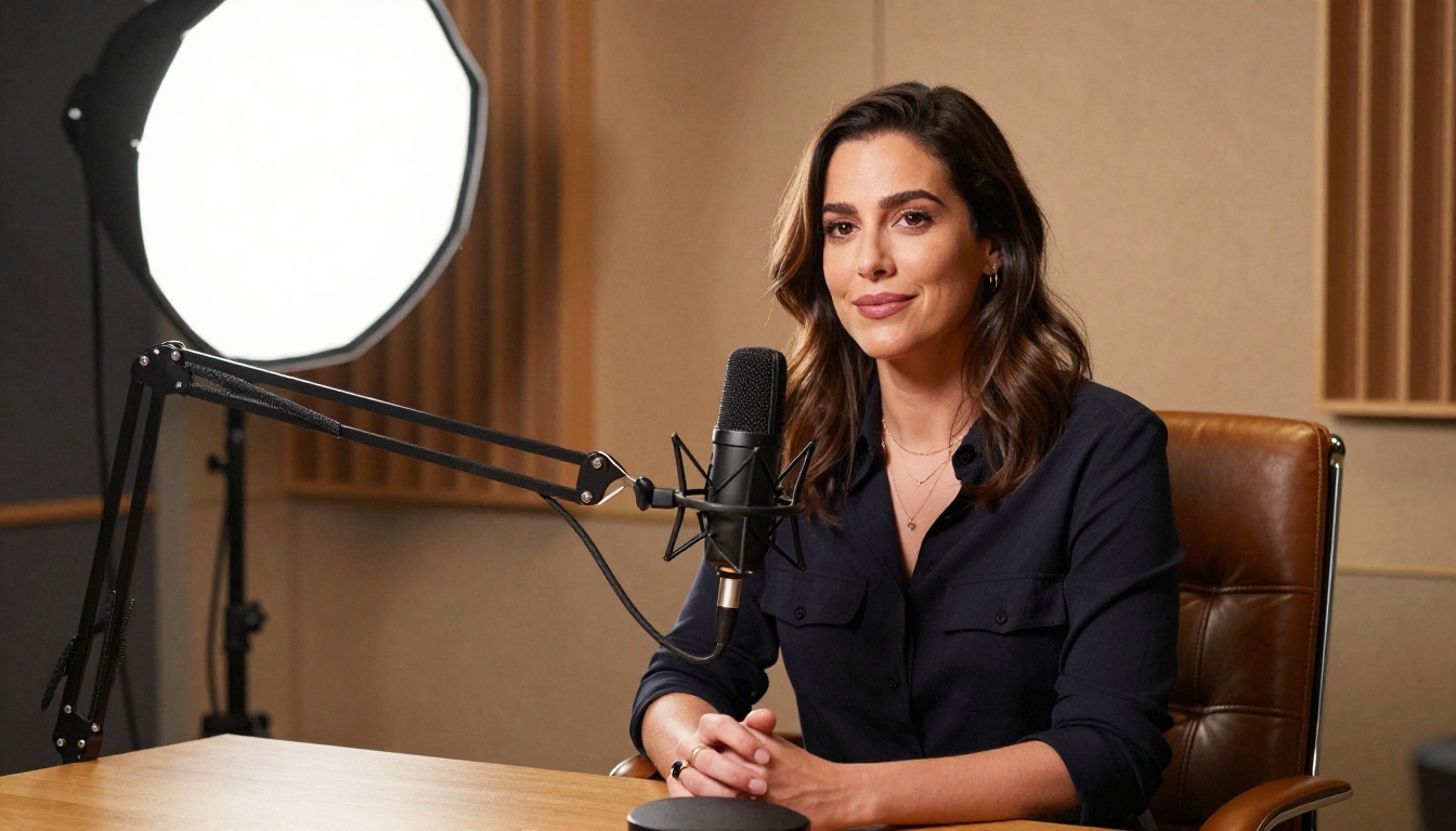 Woman at podcast studio with professional broadcast microphone