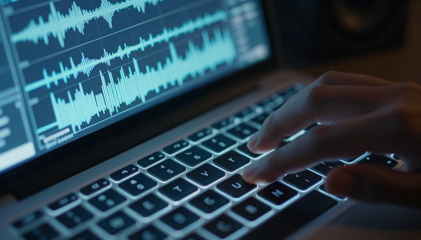 Audio waveforms on laptop screen with hands hovering over keyboard