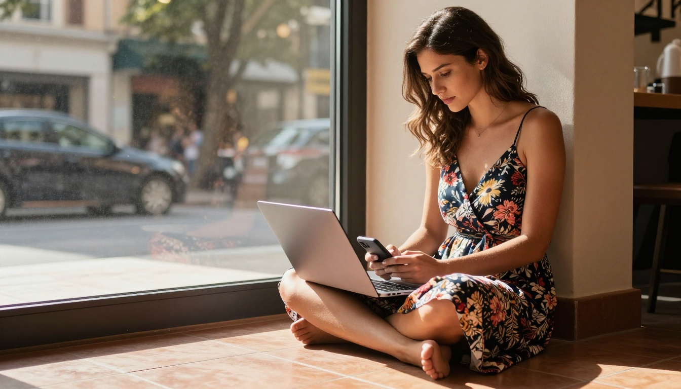 Woman in floral dress at sunny cafe with phone Woman in floral dress at sunny cafe with phone