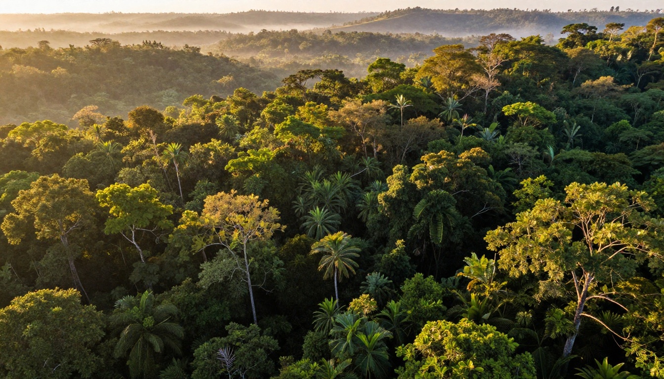 Aerial tropical forest canopy at golden hour with razor-sharp leaf detail