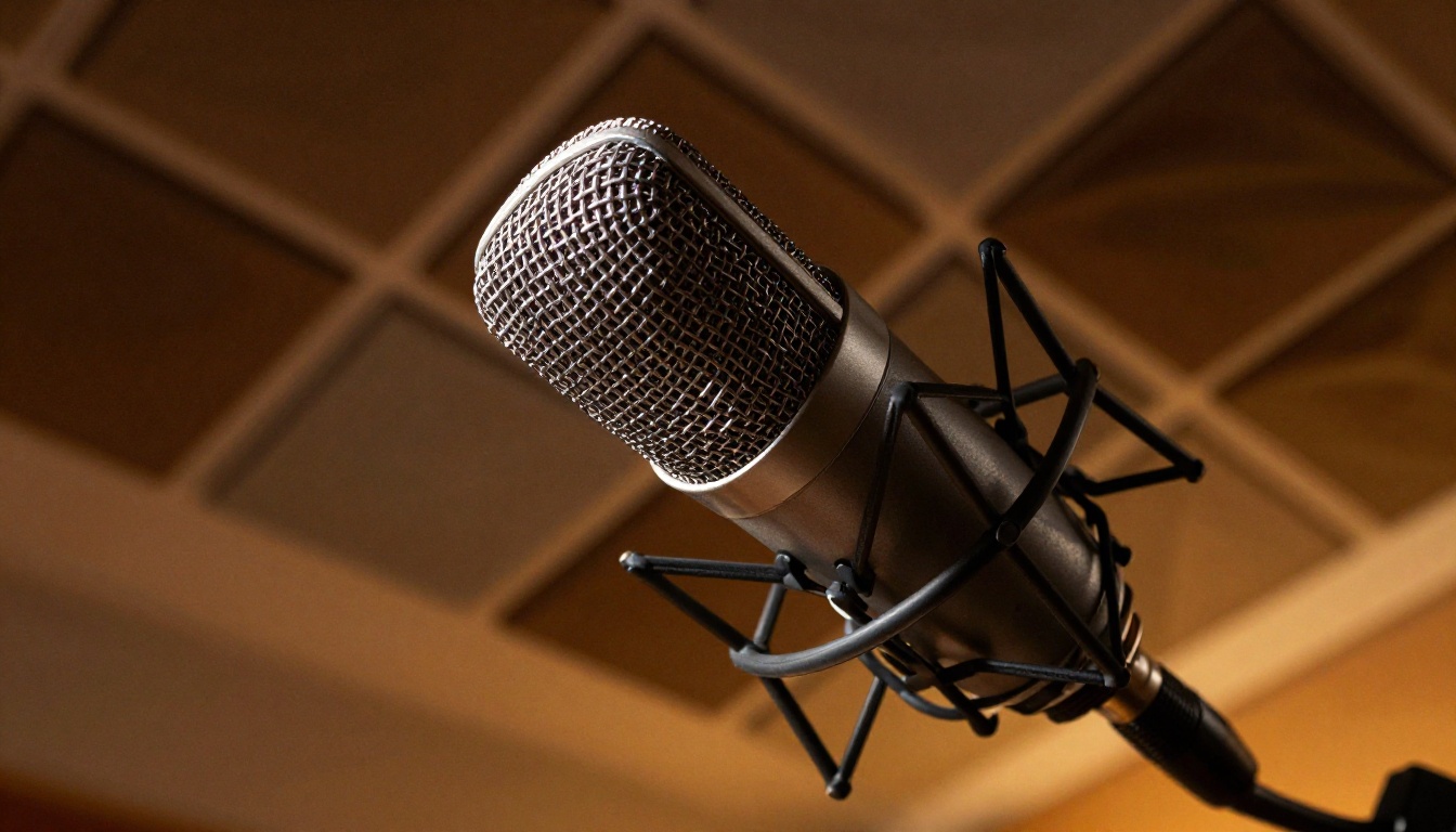 Low-angle condenser microphone against acoustic ceiling treatment