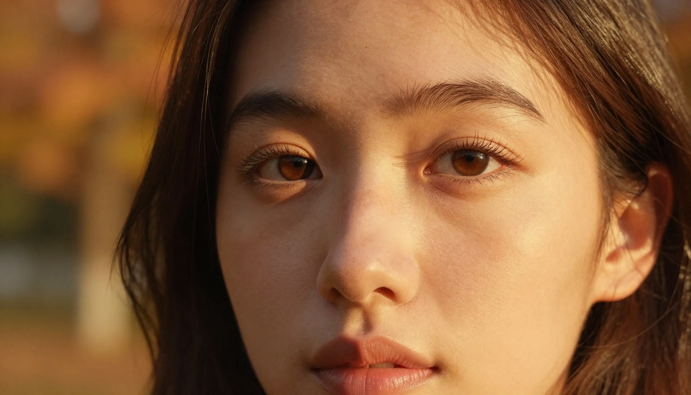 Portrait of a young woman with sharp skin texture and individual hair strands in golden hour light